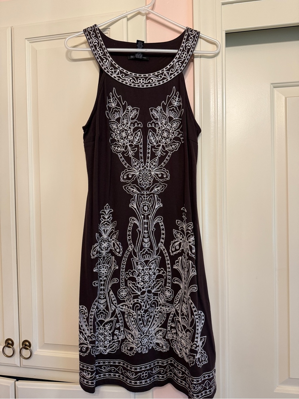 INC Sleeveless Chocolate Brown Dress with White Floral Embroidery